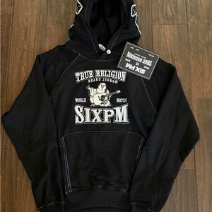 True Religion Black SixPM Pullover Hoodie with White Logo